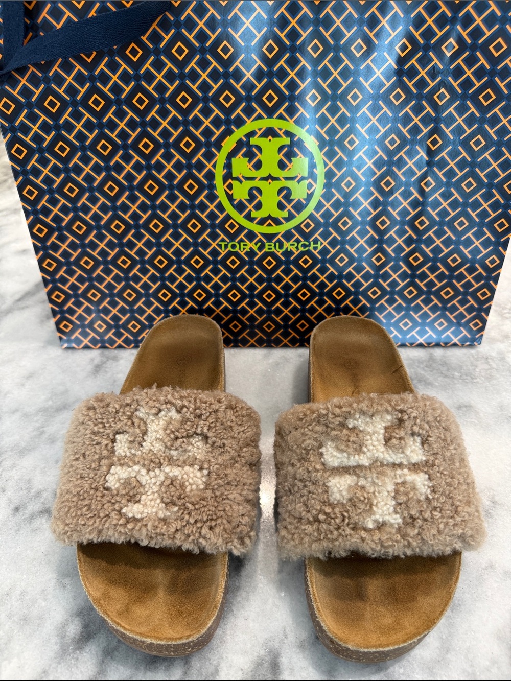 Tory Burch Taupe Shearling Logo Slide Sandals